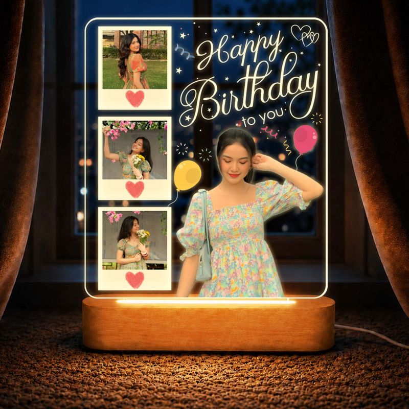 Personalized Happy Birthday Gift for Girlfriend, Wife, Best Friend, Daughter & Sister Bedroom Decor Table Lamp with Wood Stand